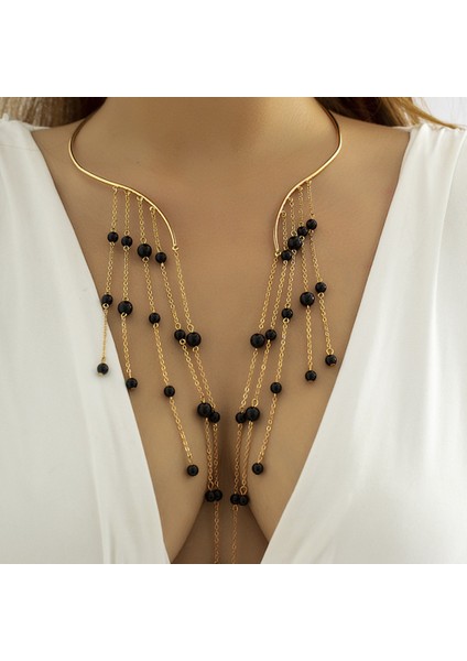 Siyah Etnik Metal Akrilik Uzun Püskül Kolye Yaka Açık Kolye Akşam Yemeği Takı Kadınlar Için Kristal Siyah Inciler Açık Gerdanlık Kolye (Yurt Dışından)