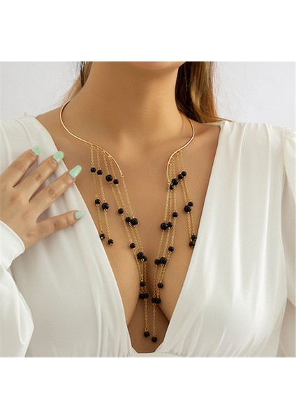 Siyah Etnik Metal Akrilik Uzun Püskül Kolye Yaka Açık Kolye Akşam Yemeği Takı Kadınlar Için Kristal Siyah Inciler Açık Gerdanlık Kolye (Yurt Dışından) modelleri