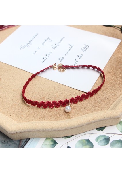 XL704 Çiçek Dantel Kenar Boyun Klavikula Zinciri Kadın Moda Mizaç Süper Peri Tatlı Nakış Kırmızı Gerdanlık Kolye Kız Aksesuarları (Yurt Dışından) fırsatları