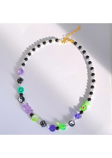 No.1 Boyutu Kore Charms Boncuk Ayı Zar Yin Yang Gülen Kolye Kadınlar Için Vintage Harajuku Moda Kolye 90 S Estetik Hediye Y2K Takı (Yurt Dışından)