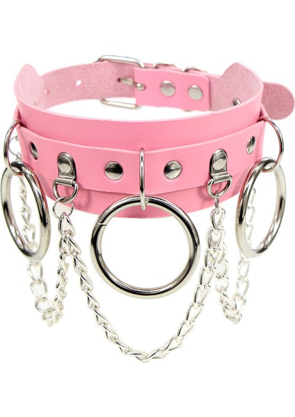 Pembe Gotik Cosplay Pu Deri Gerdanlık Metal Zincir Halka Aksesuarları Serin Kadın Kız Punk Siyah Kolye Yaka Tasma ile (Yurt Dışından)