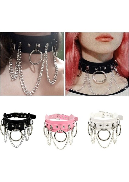 Pembe Gotik Cosplay Pu Deri Gerdanlık Metal Zincir Halka Aksesuarları Serin Kadın Kız Punk Siyah Kolye Yaka Tasma ile (Yurt Dışından) modelleri