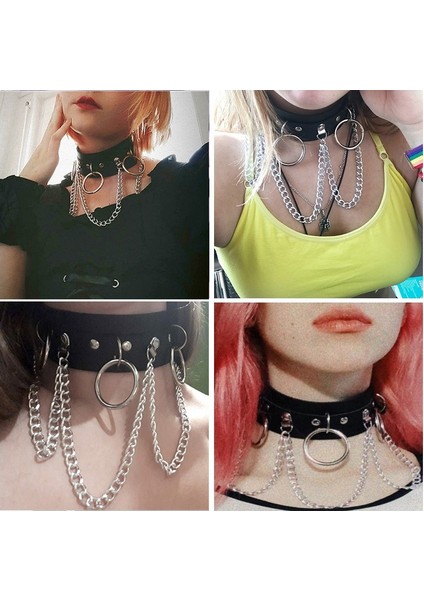 Pembe Gotik Cosplay Pu Deri Gerdanlık Metal Zincir Halka Aksesuarları Serin Kadın Kız Punk Siyah Kolye Yaka Tasma ile (Yurt Dışından) fırsatları