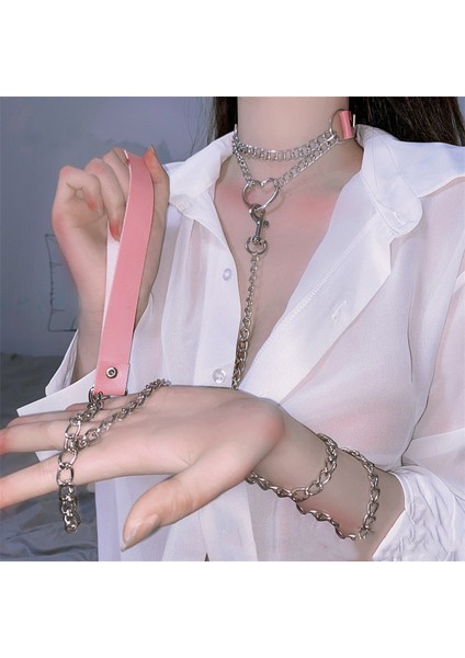 Pembe Gotik Cosplay Pu Deri Gerdanlık Metal Zincir Halka Aksesuarları Serin Kadın Kız Punk Siyah Kolye Yaka Tasma ile (Yurt Dışından) indirimleri