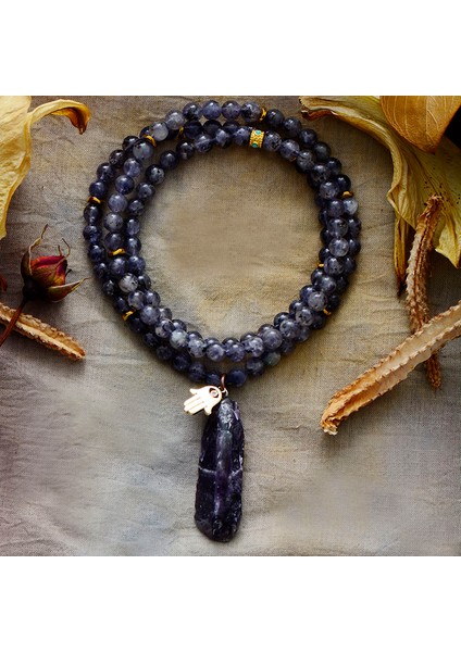 108 Boncuk Mala Manevi Kadın Tellerinin Kordiyerit Enerji Dengesi Kolye Doğal Taş Hamsa Charm Meditasyon Kolye Takı (Yurt Dışından)