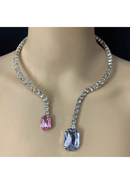 Altın Tarzı Pembe 2022 Lüks Kristal Büyük Kare Kolye Tork Yaka Kolye Kadınlar Için Taklidi Ayarlanabilir Yuvarlak Açık Manşet Gerdanlık Kolye (Yurt Dışından)