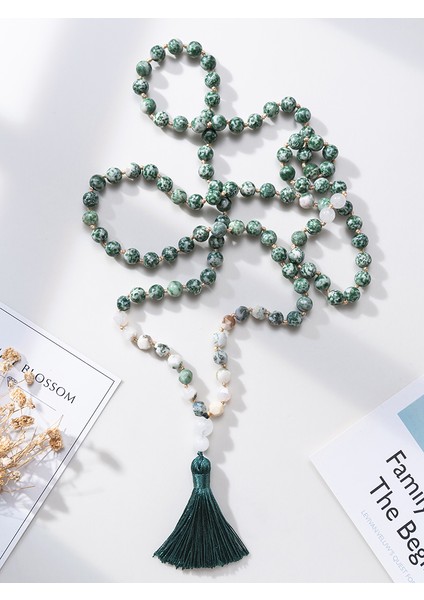 S-N0182 Oaııte 8 mm Doğal Taş Yosun Akik 108 Boncuk Mala Kolye Kadın Erkek Japamala Tespih Meditasyon Yoga Ruhu Moda Takı (Yurt Dışından) fiyatları
