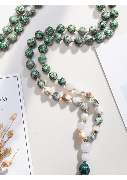 S-N0182 Oaııte 8 mm Doğal Taş Yosun Akik 108 Boncuk Mala Kolye Kadın Erkek Japamala Tespih Meditasyon Yoga Ruhu Moda Takı (Yurt Dışından) indirimleri