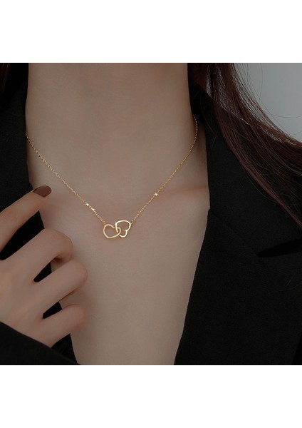 Altın Yeni Aşk Çift Kalp Şeklinde Bağlı Hollow Kolye Kolye Işık Lüks Kadın Klavikula Zinciri (Yurt Dışından)