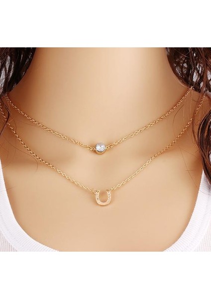 Altın Rengi Yeni Basit Mektup U Şeklinde Rhinestone Çift Katmanlı Kolye Kristal At Nalı Çok Katmanlı Kısa Kolye Bildirimi Kolye (Yurt Dışından)