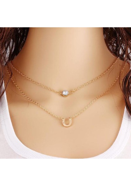 Altın Rengi Yeni Basit Mektup U Şeklinde Rhinestone Çift Katmanlı Kolye Kristal At Nalı Çok Katmanlı Kısa Kolye Bildirimi Kolye (Yurt Dışından) fiyatları