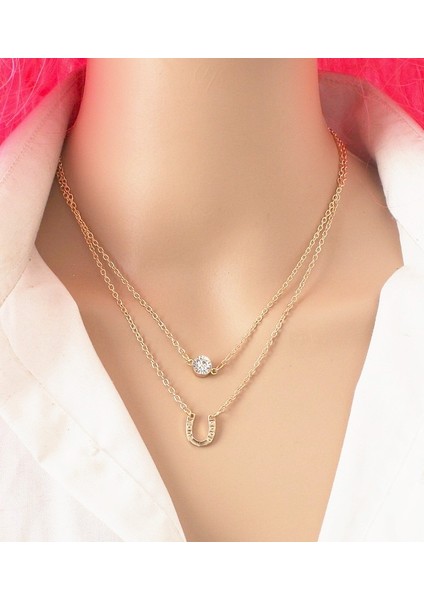 Altın Rengi Yeni Basit Mektup U Şeklinde Rhinestone Çift Katmanlı Kolye Kristal At Nalı Çok Katmanlı Kısa Kolye Bildirimi Kolye (Yurt Dışından) modelleri