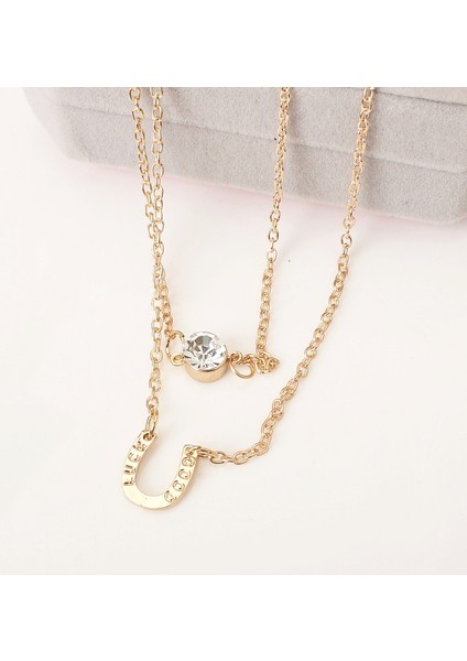 Altın Rengi Yeni Basit Mektup U Şeklinde Rhinestone Çift Katmanlı Kolye Kristal At Nalı Çok Katmanlı Kısa Kolye Bildirimi Kolye (Yurt Dışından) fırsatları