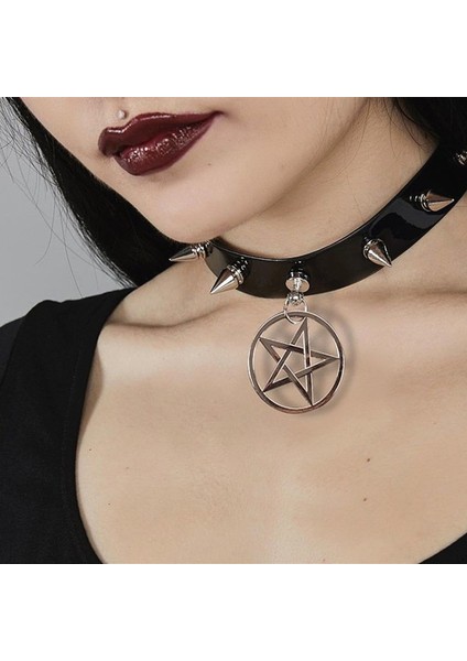 Renk Huımıao Gotik Pu Deri Gerdanlık Yaka Kolye Punk Rock Perçin Damızlık Pentagram Heksagram El Yapımı Kadın Vintage Takı (Yurt Dışından)