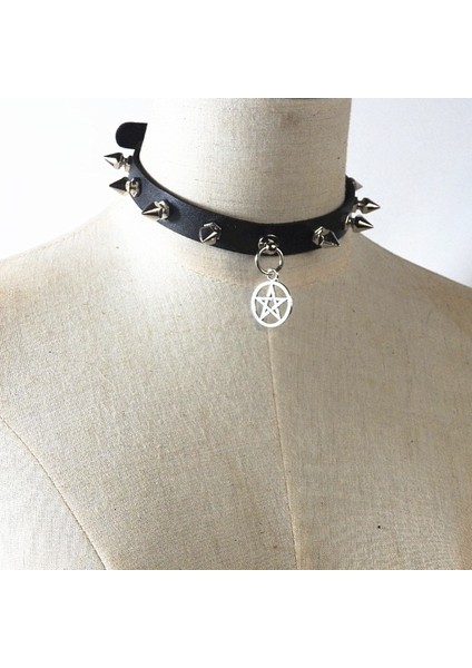Renk Huımıao Gotik Pu Deri Gerdanlık Yaka Kolye Punk Rock Perçin Damızlık Pentagram Heksagram El Yapımı Kadın Vintage Takı (Yurt Dışından)