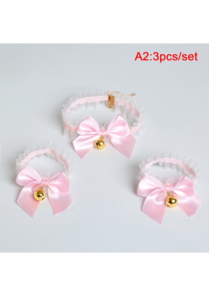 Pembe-3 Adet Hizmetçi Lolita Kız Kolye Dantel Yay Çan Yaka Bilezik Kuyruk Seti Cosplay Kostüm Kolye (Yurt Dışından)