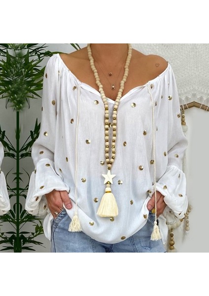 Siyah Yıldız Kolye Kolye Wome Boho Estetik Aksesuarları Vintage Ahşap Boncuk Püskül Takı Bohemia Kazak Zinciri Hediye (Yurt Dışından)