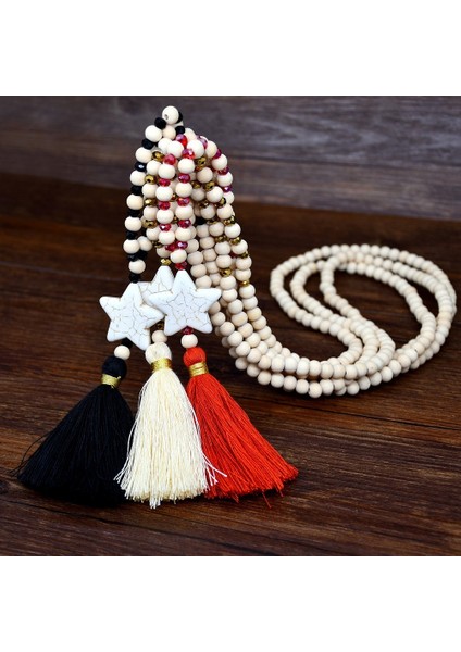 Siyah Yıldız Kolye Kolye Wome Boho Estetik Aksesuarları Vintage Ahşap Boncuk Püskül Takı Bohemia Kazak Zinciri Hediye (Yurt Dışından)
