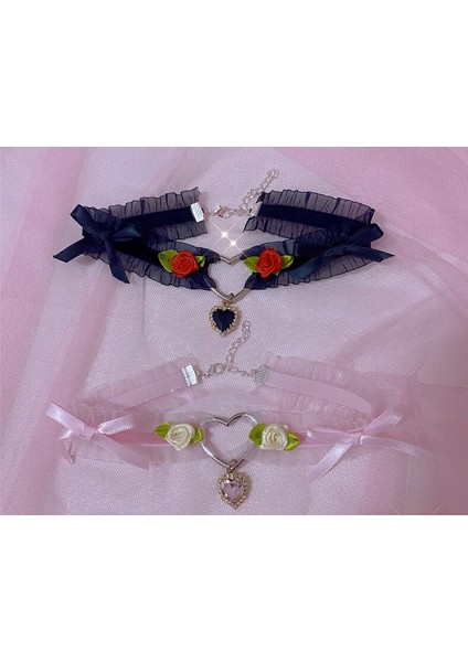 Kırmızı Kahverengi Harajuku Gotik Dantel Gerdanlık Kolye Lolita Kız Kalp Yumuşak Yay Gül Retro Bayan Kawaii Kolye Takı Vintage Aksesuarları (Yurt Dışından) fırsatları