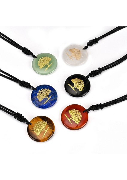 No.5 Boyutu Doğal Taşlar Hayat Ağacı Kolye Şifa Reiki Kristal Ametist Çakra Yuvarlak Oyulmuş Taş Charms Kolye Takı Yapımı Için (Yurt Dışından)