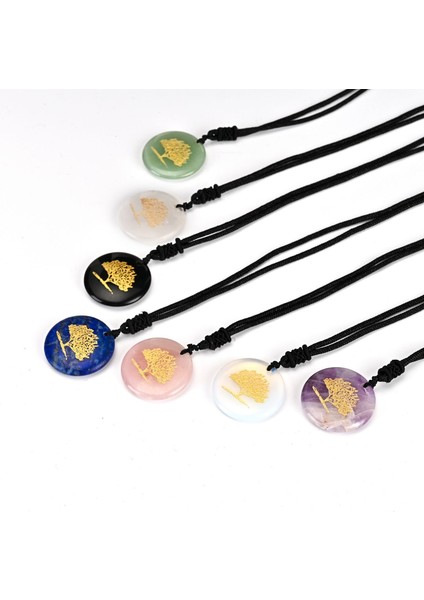 No.5 Boyutu Doğal Taşlar Hayat Ağacı Kolye Şifa Reiki Kristal Ametist Çakra Yuvarlak Oyulmuş Taş Charms Kolye Takı Yapımı Için (Yurt Dışından)