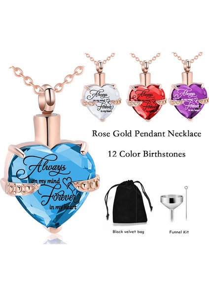 55CM Tarzı Ocak Kalp Şeklinde 12 Birthstone Anıt Külleri Kolye Kremasyon Takı Urn Kolye Charm Hatıra Hediye-Eşleşen Flanel Çanta (Yurt Dışından)
