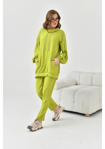 Kadın Kapişonlu Taş Detay Takım Olive