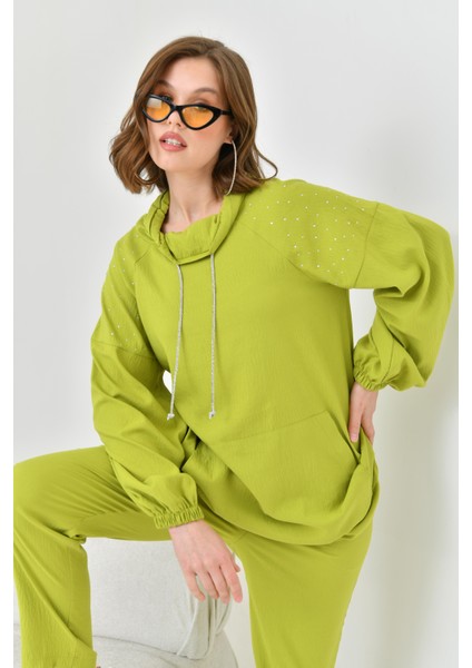 Kadın Kapişonlu Taş Detay Takım Olive modelleri