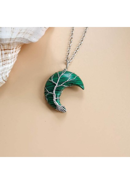 Malakit Hayat Ağacı Hilal Ay Şekli Kolye Silvertone Tel Sarma Doğal Taşlar Şifa Kristal Kadın Kolye (Yurt Dışından)