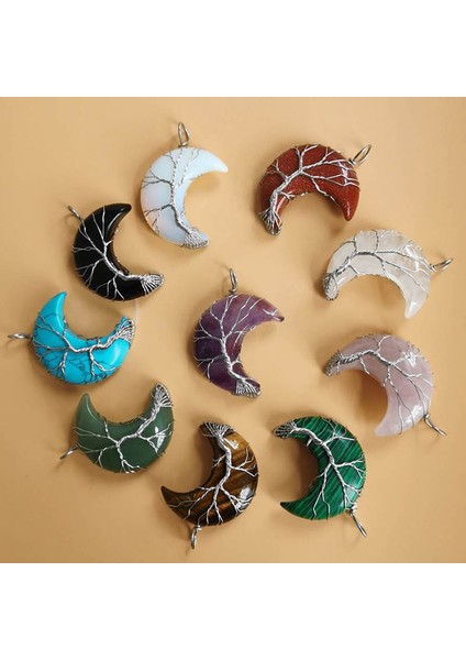 Malakit Hayat Ağacı Hilal Ay Şekli Kolye Silvertone Tel Sarma Doğal Taşlar Şifa Kristal Kadın Kolye (Yurt Dışından) fiyatları