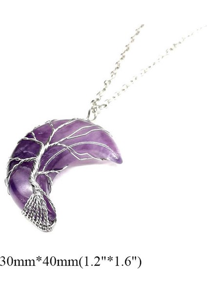 Malakit Hayat Ağacı Hilal Ay Şekli Kolye Silvertone Tel Sarma Doğal Taşlar Şifa Kristal Kadın Kolye (Yurt Dışından) modelleri