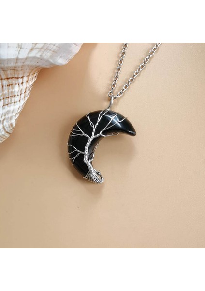 Malakit Hayat Ağacı Hilal Ay Şekli Kolye Silvertone Tel Sarma Doğal Taşlar Şifa Kristal Kadın Kolye (Yurt Dışından) fırsatları