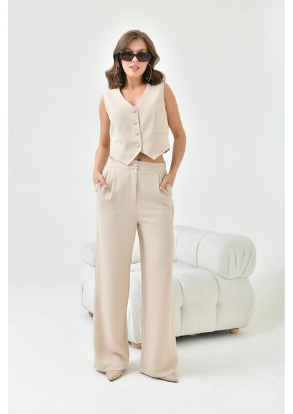 Kadın Simli Crep Yelekli Takım Taş