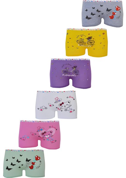 Tutku 0181 Kız Çocuk Karışık Desenli Likralı Pamuklu 6 Lı Paçalı Boxer