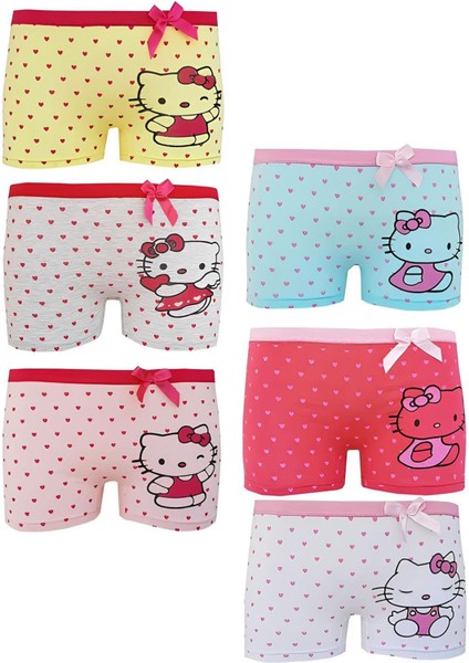 Neyl Kız Çocuk Karışık Kedicik Desenli Likralı Pamuklu 6 Lı Paçalı Boxer