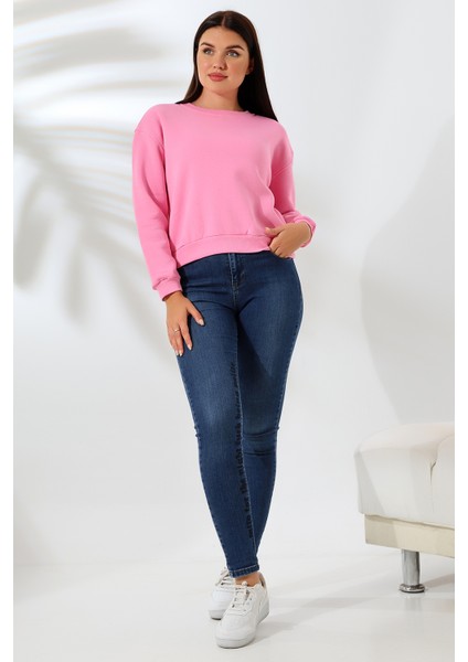 Şardonlu Oversize Bisiklet Yaka Geniş Kalıp Sweatshirt 21614 Pembe