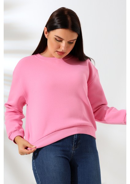 Şardonlu Oversize Bisiklet Yaka Geniş Kalıp Sweatshirt 21614 Pembe fiyatları