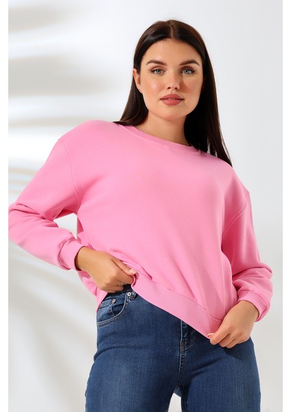 Şardonlu Oversize Bisiklet Yaka Geniş Kalıp Sweatshirt 21614 Pembe modelleri
