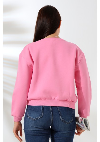 Şardonlu Oversize Bisiklet Yaka Geniş Kalıp Sweatshirt 21614 Pembe fırsatları