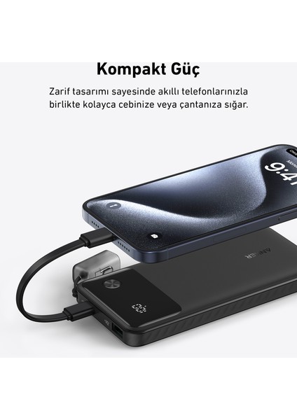 Powercore 10000 mAh - 10K Taşınabilir Hızlı Şarj Cihazı - USB C Kablolu - 22,5W - Siyah - A1388 (Anker Türkiye Garantili)