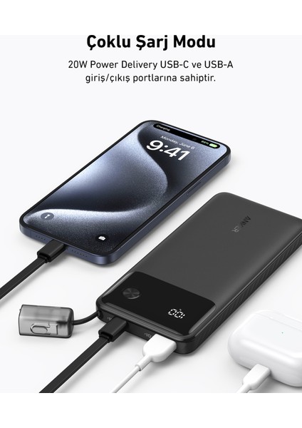 Powercore 10000 mAh - 10K Taşınabilir Hızlı Şarj Cihazı - USB C Kablolu - 22,5W - Siyah - A1388 (Anker Türkiye Garantili)