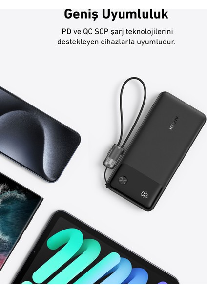 Powercore 10000 mAh - 10K Taşınabilir Hızlı Şarj Cihazı - USB C Kablolu - 22,5W - Siyah - A1388 (Anker Türkiye Garantili)