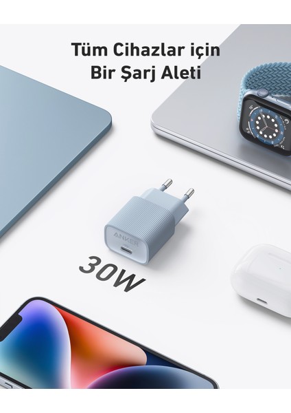 Nano USB-C Duvar Şarj Cihazı (30W) iPhone & Android ile Uyumlu Type-C Hızlı Şarj Adaptörü - A2337 - Yeşil -  (Anker Türkiye Garantili)