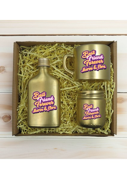 Kişiye Özel Isimli Dtf Best Friend Temalı Gold Kahve Fincanı & Kolonya & Mum Hediye Seti-3, Arkadaşa Hediye, Doğum Günü Hediyesi