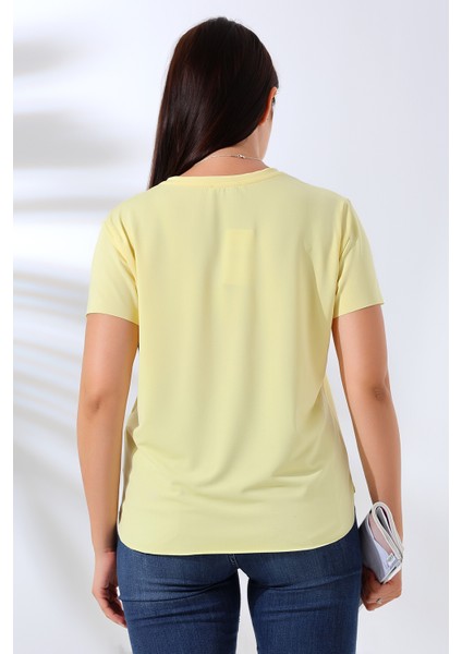 Kısa Kol Yumuşak Dokulu Dökümlü T-Shirt 21638 Açık Sarı fırsatları
