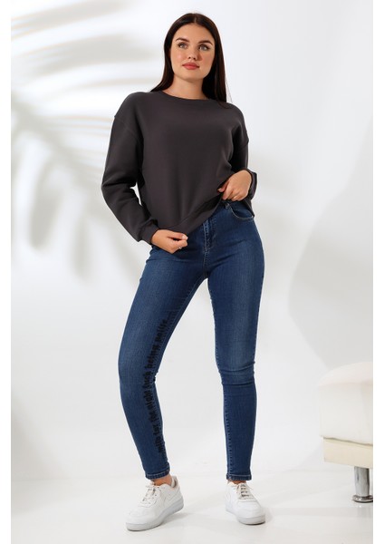 Şardonlu Oversize Bisiklet Yaka Geniş Kalıp Sweatshirt 21614 Füme