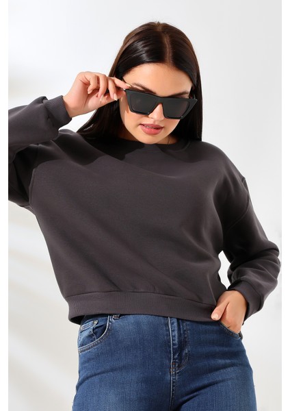 Şardonlu Oversize Bisiklet Yaka Geniş Kalıp Sweatshirt 21614 Füme fiyatları