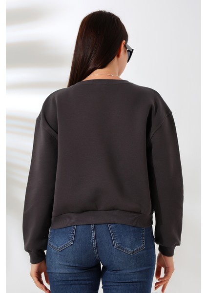 Şardonlu Oversize Bisiklet Yaka Geniş Kalıp Sweatshirt 21614 Füme fırsatları