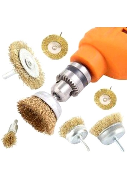 6 Parça Pimli Matkap Tel Fırça Seti Saçaklı Fırça (38MM+50MM+75MM+100MM) Dairesel +25MM KALEM+75MM