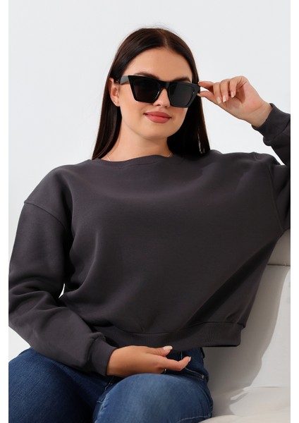 Şardonlu Oversize Bisiklet Yaka Geniş Kalıp Sweatshirt 21614 Füme modelleri